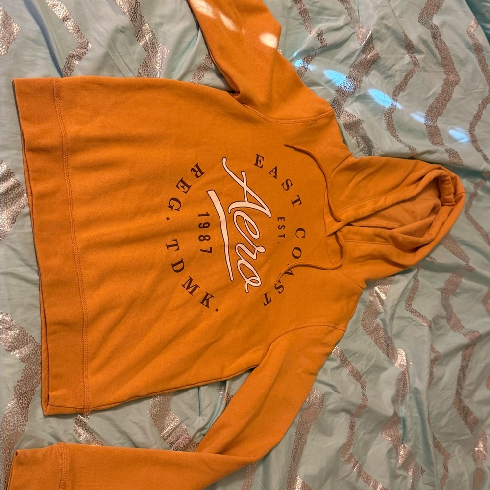 Women’s Aeropostale Mustard Yellow Hoodie with cream logo & brown text- size XS